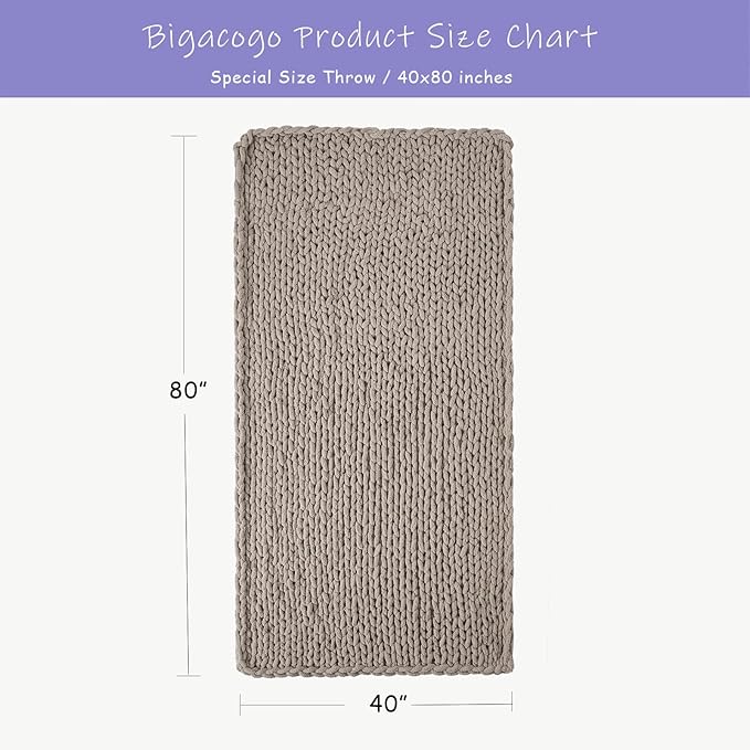 Bigacogo Chunky Knit Throw Blanket for Couch, 40x80 inches, 100% Hand Knitted with Thick Jumbo Chenille Yarn, Cozy Soft Large Rope Knot Cable Crochet Blankets for Sofa Bed Living Room, Taupe
