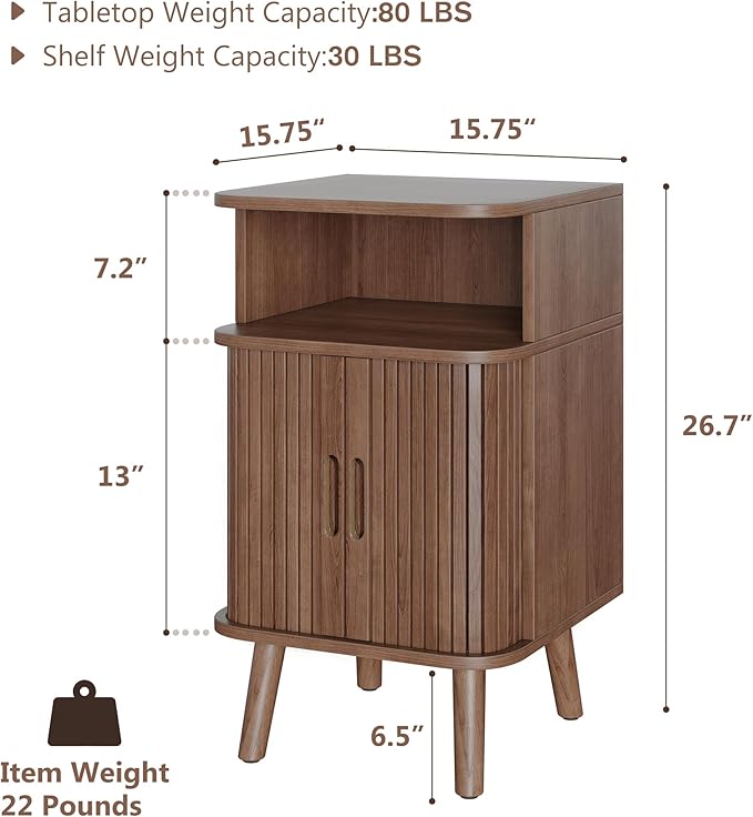 Alohappy Fluted End Table Set of 2, Mid Century Modern Nightstand with Sliding Tambour Door, Curved Round Edge Wood Bedside Table for Bedroom, Side Tables with Storage for Living Room, Walnut