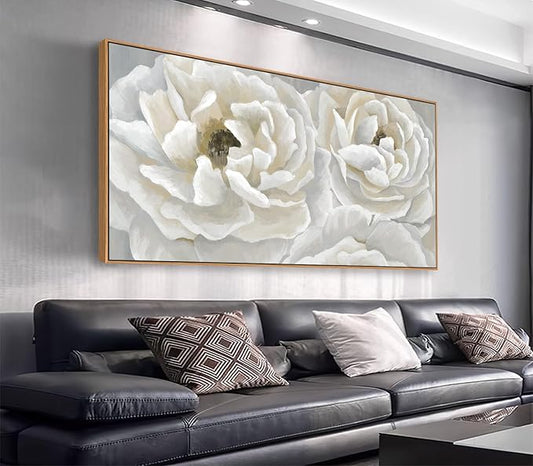 arteWOODS Cream White Flowers Framed Wall Art - Soft Peony Pictures for Wall Decor Elegant Blossom Flower Painting Artwork Botanical Prints for Living Room Home Office Wall Decoration 20" x 40"