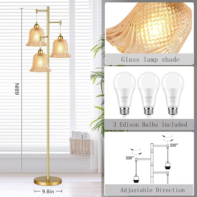 Gold Floor Lamp for Living Room,Bedroom,Tree 3 Light Standing Lamp Mid Century Modern Brass Tall Floor Lamps Vintage Retro Floor Lights Glass Green Flower Lamp Shade Farmhouse Boho Bohemian