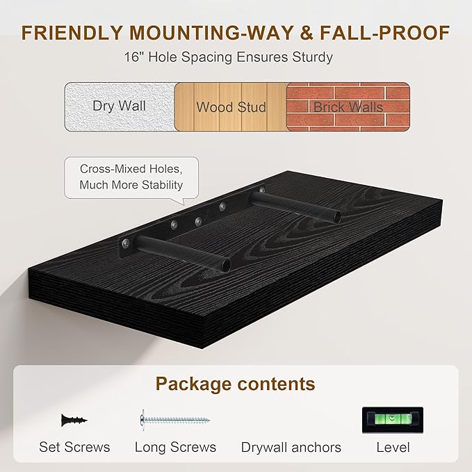 30 Inch Floating Shelves, Rustic Floating Wall Shelves 8 Inch Deep, 30 x 8 Floating Shelves for Home Decor, Deep Display & Storage Shelves for Kitchen, Bathroom, Living Room, Black Color, Set of 2