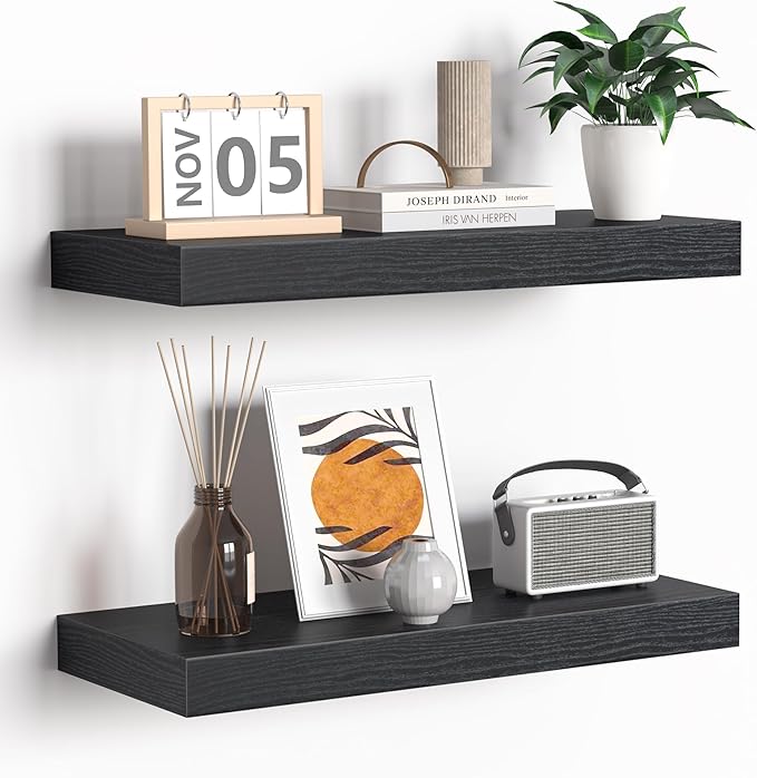Fun Memories Floating Shelves - 16 Inch Rustic Black Wall Shelf - Wall Mounted Shelves for Wall Decor Storage - Wooden Shelves with Invisible Brackets for Living Room, Bedroom, Kitchen, 2 Pack