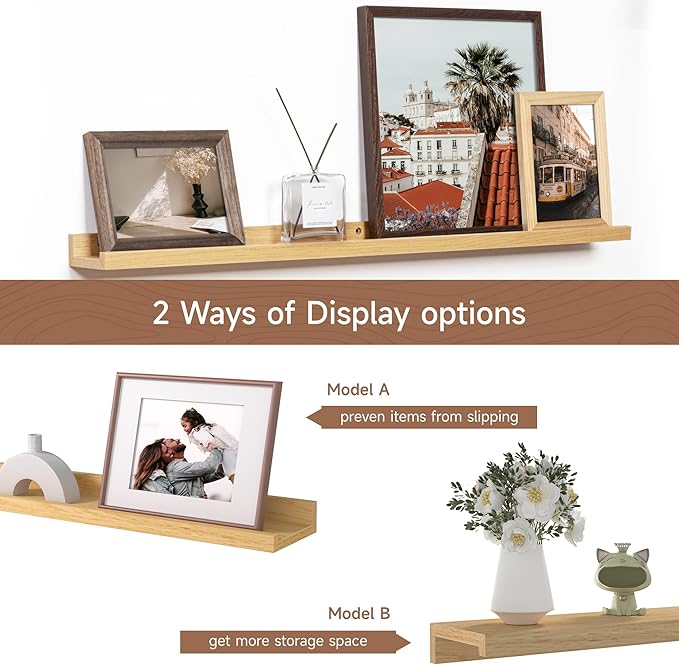 Fun Memories Picture Ledge Shelf, 36 Inch Floating Shelves Set of 2, Nursery Book Shelves for Toys Storage, Kids Bookshelf Wall Mounted for Wall Decor Books Photo Frames, Oak