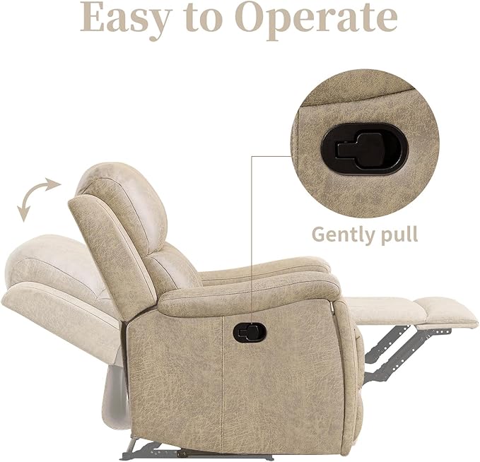 EBELLO Recliner Chair, Single Overstuffed Sofa Recliner, Breathable Faux Leather Manual Reclining Chairs with Hidden Cup Holder, Arm and Back for Adults, Living Room, Bedroom, Beige