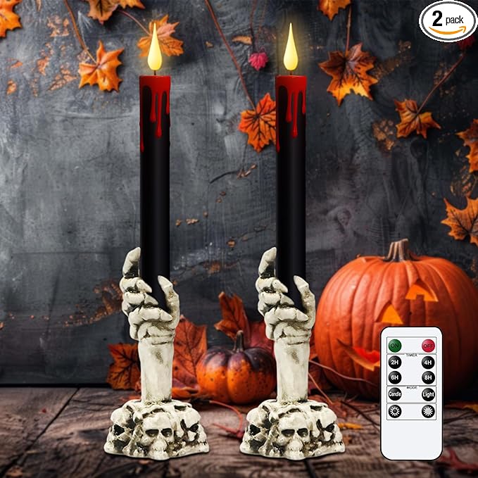 GenSwin Halloween Black Taper Flameless Candles with Ghost Hand Candlesticks and Remote Timer, 2 Pcs Battery Operated Taper Candles with Holder and 3D Flame for Halloween Decor