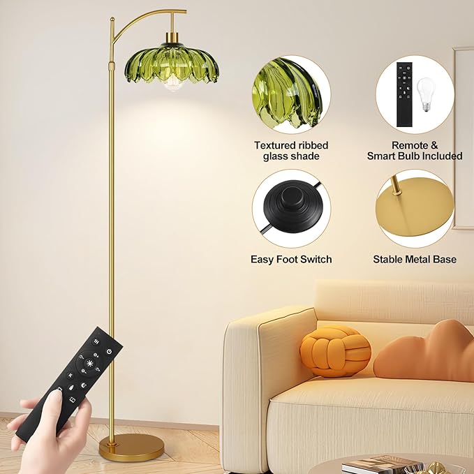 Gold Floor Lamps for Living Room Glass Vintage Floor Lamp with Remote Control,Dimmable Mid Century Modern Standing Lamp with 3 Color Temperature Tall Flower Lamp Brass Floor lamp for Bedroom Corner