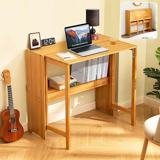 31.5" Bamboo Folding Desk,Space-Saving Computer Desk for Small Spaces, Foldable Study Table for Bedroom, Home Office, Dorm, Apartment（Natural）