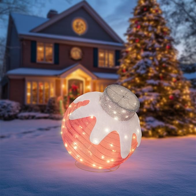 BRIGHTDECK Outdoor Christmas Ornaments, Lighted Pop-Up Outdoor Holiday Ball Decoration with 80 LED Lights, 8 Light Modes, Lighted Collapsible Holiday Decorations for Yard, Home (Pink)
