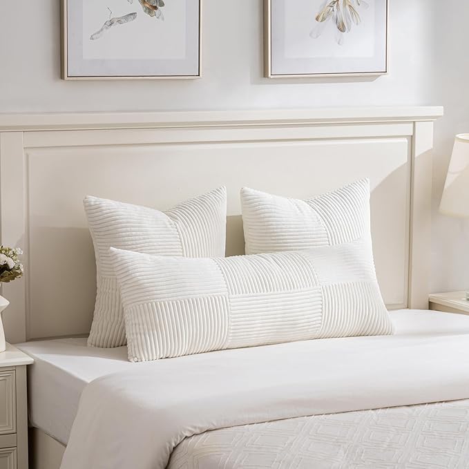 Fancy Homi Set of 2 Cream White Boho Long Lumbar Body Decorative Throw Pillow Cover 14x36 Inch for Bed Couch Bedroom Bench, Soft Patchwork Corduroy Textured Pillow Case, Rustic Farmhouse Room Décor