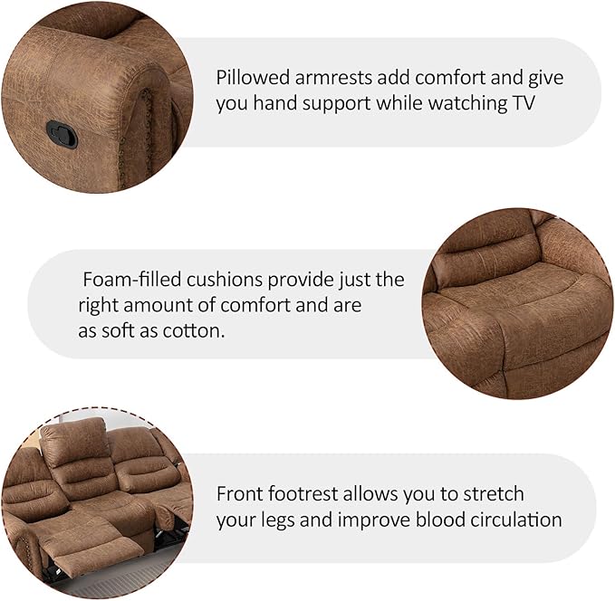 CANMOV Faux Leather Manual Recliner Sofa Set, Manual Recliner Chair, Reclining Loveseat and 3-Seat Sofa for Living Room,Bedroom Furniture, Office,Nut Brown