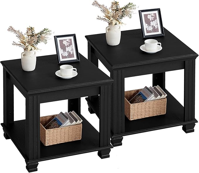 Farmhouse End Table Set of 2,Large Side Table with 2-Tier Storage Shelf,Rustic Wood End Tables for Living Room,Square Tea Table, Black