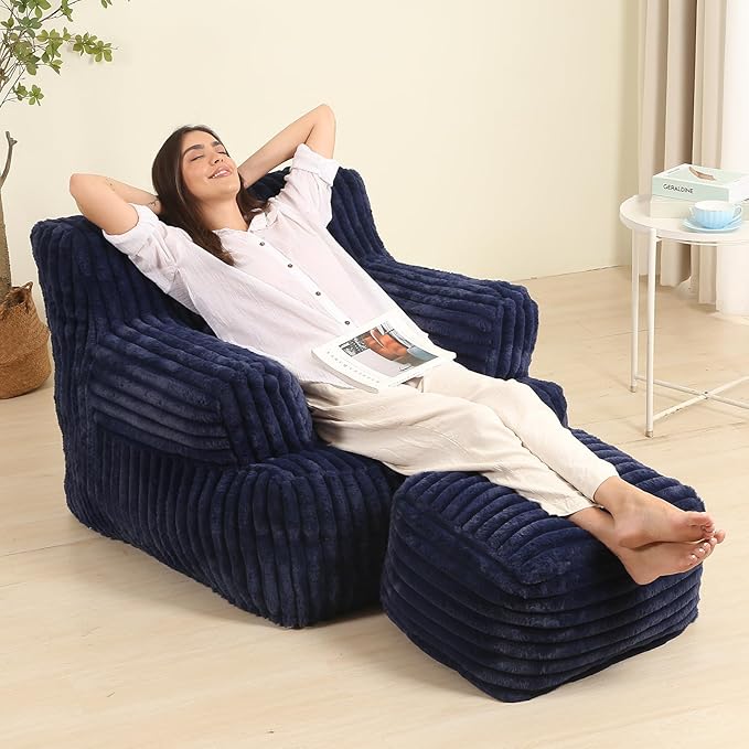 Comfy Gaint Bean Bag Chair with Ottoman, Fluffy Huge Bean Bag Armchair for Adults and Teens, Dark Blue