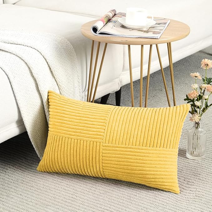 Fancy Homi 2 Packs Yellow Long Lumbar Decorative Throw Pillow Covers 12x24 Inch for Couch Bed Sofa, Rustic Farmhouse Boho Home Decor, Soft Striped Corduroy Rectangle Accent Cushion Case 30x60 cm