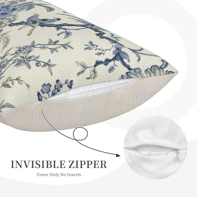 CXMEIFLY Spring Floral Birds Pillow Covers 12 x 20 Inch Set of 2 for Chinoiserie Flowers Decor Throw Pillows Blue and White Plant Outdoor Decorative Cushion Cases for Couch Bed Decorations