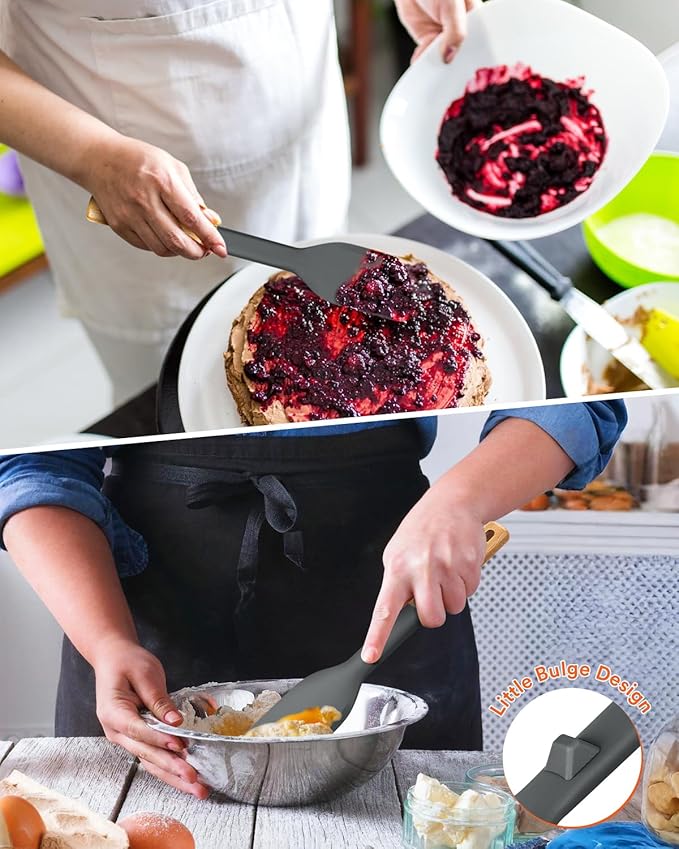 Cooking Spoon and Scraper for Nonstick Cookwares, Great for Cooking and Serving Durable BPA-Free Matte Silicone, Wood Handle Multifunction Spoon for Mixing, Scoop, and Scrape (GREY)