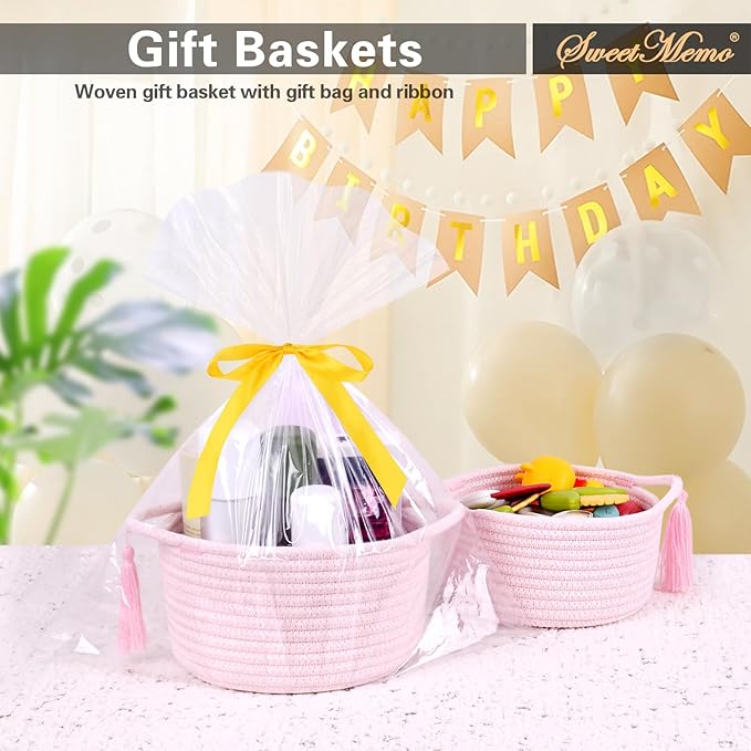 Empty Gift Basket – SweetMemo Mini Woven Rope Organizer Baskets for Gifting, Baby Shower, Desk, Makeup Brushes, Bathroom, Shelves – Small Decorative Storage Bin with Gift Bag & Ribbon – Blush Pink