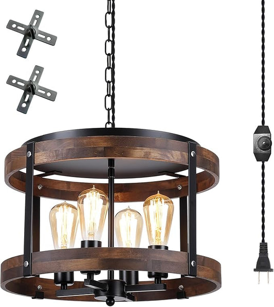 4-Light Large Rustic Farmhouse Plug in Pendant Light Fixture with Adjustable Chain, Dimmable Switch, 16.5 inch Oak Wood Drum Hanging Lamp for Dining Room Living Room Farmhouse Entry, Black