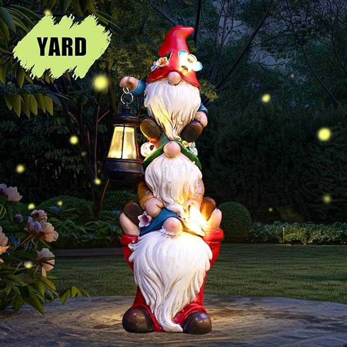 Garden Gnome Statue with Solar Lights Garden Sculptures Funny Triple Gnome Outdoor Patio Lawn Yard Balcony Garden Home Decor Birthday Gifts for Women Mom Grandma 12 in Fall Gnome