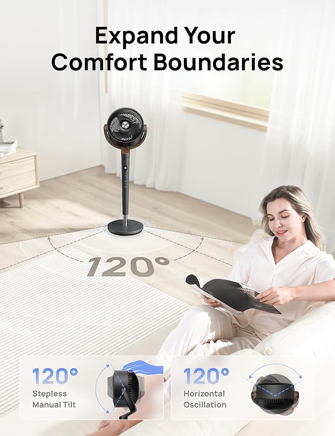 Dreo Fan for Bedroom, 120° Oscillating Standing Fans, Quiet Floor Fan with DC Motor, 100ft Pedestal Fans for Room, 9 Speeds, 4 modes, 20dB, 120° Manual Vertical, 37-42" Adjustable Height, 9H Timer