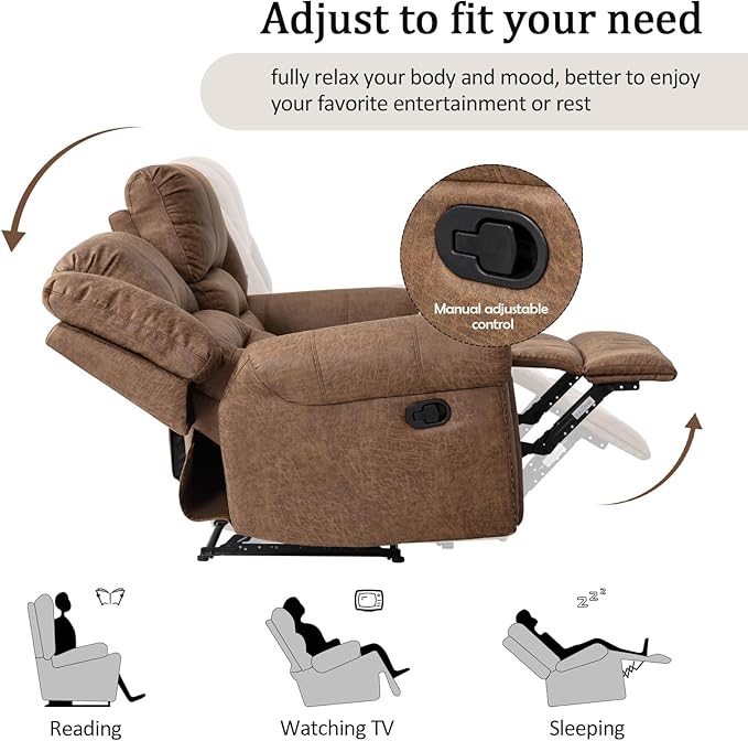 CANMOV Faux Leather Manual Loveseat Recliner, 2 Seat Reclining Chair, Overstuffed Comfortable Arms and Back Recliner Chair, Couch Set for Living Room, Bedroom Furniture, Office,Nut Brown