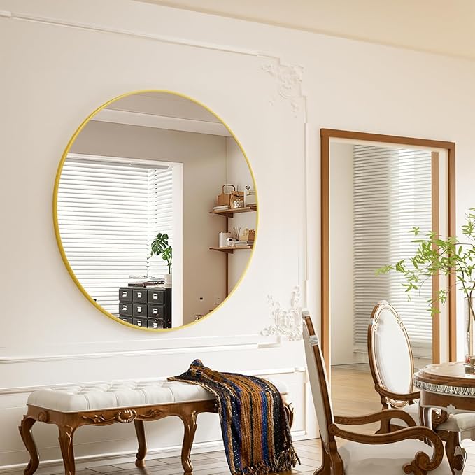 BEAUTYPEAK 42 Inch Round Mirror, Metal Frame Circle Mirror, Wall Mounted for Entryway, Bathroom, Vanity, Living Room, Gold