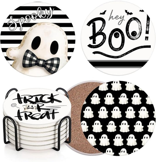 Coaster for Drinks Set of 6, Halloween Hey Boo Cute Ghost Spooky Black White Absorbent Round Ceramic Stone Mat, with Cork Base and Metal Holder, Gift for Housewarming Room Bar Decor