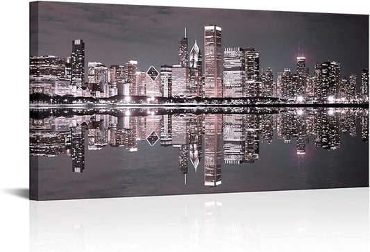 Conipit Chicago Wall Art Chicago Skyline Artwork City Night Downtown Picture Cityscape Painting Framed for Bedroom Home Office Decor 24"x48"