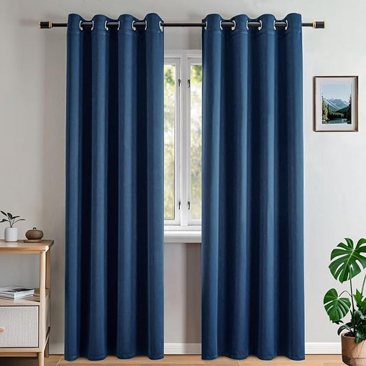 Blackout Curtains 90 Inch Length for Bedroom, Thermal Insulated Blackout Curtains 2 Panels Set, Solid Grommet Privacy Room Darkening Drapes for Living Room Windows(W52 x L90, Navy Blue)