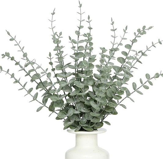 18Pcs Faux Eucalyptus Stems, 15" Artificial Eucalyptus Plants with White Frosted Coating, Fake Eucalyptus Decor Plastic Greenery Leaves for Wedding Bouquets Home Decor DIY Floral Arrangements