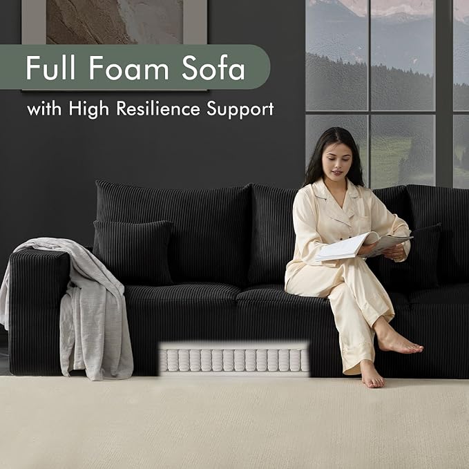 Boneless Sectional Cloud Couch Sofa Bed for Living Room, 112" Modular Modern Lounge 3 Seater Sleeper Black Couches with Chaise, No Assemble, Cordury Compression Upholstered Sofas