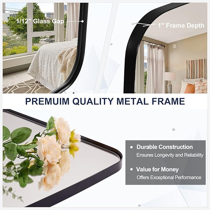 ANDY STAR 24x40” Black Bathroom Mirror, Oblong Vanity Mirror with Stainless Steel Metal Frame, Matte Black Oval Mirror for Over Sink, Modern Anti Rust Wall Mounted