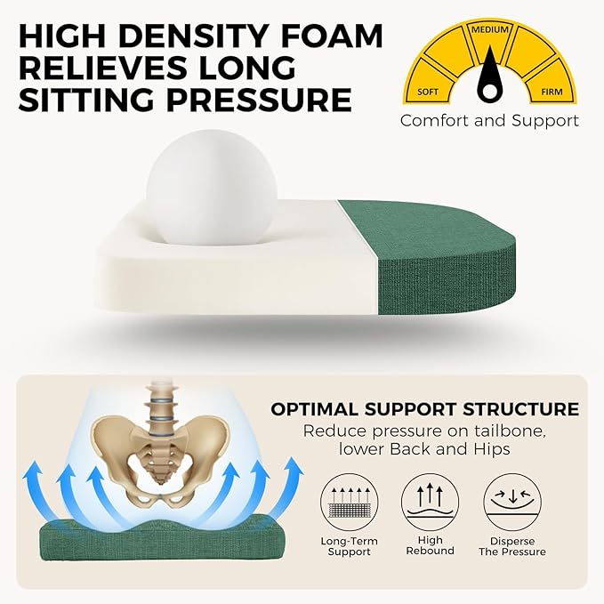 downluxe Indoor Chair Cushions for Dining Chairs, Soft and Comfortable Textured Memory Foam Kitchen Chair Pads with Ties and Non-Slip Backing, 16" x 16" x 2", Dark Green, 4 Pack