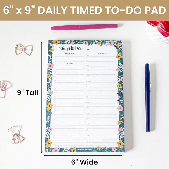 bloom daily planners Undated Daily Planner Notepad with Hourly Schedule for Appointments - Time Block To Do List Planning Pad - 80 Sheets - 6" x 9" - Garden Blooms