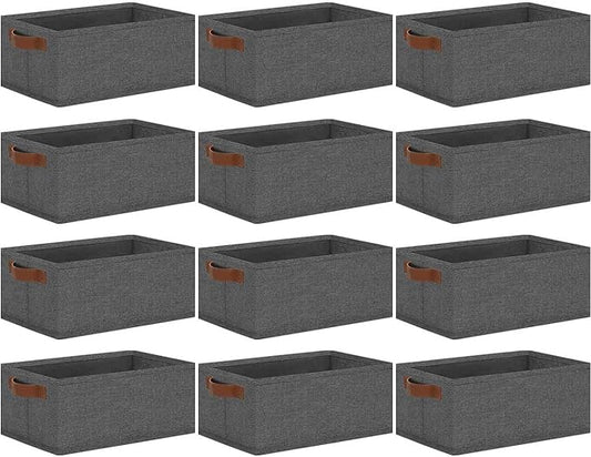 GhvyenntteS Small Fabric Storage Bins 12 Pack, 11.8" x 7.87" x 5.11" Storage Basket with Leather Handles, Closet Storage Bins for Shelves, Storage Baskets for Shelves, DVD Storage (Grey)