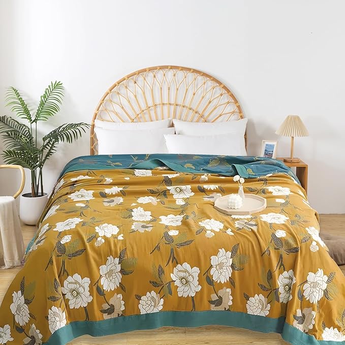 Boho Throw Blanket for Bed - 100% Pure Cotton Ultra Soft Rustic Quilt - Farmhouse Decor Bed Blankets, All Season Rustic Throw for Sofa Couch Chair(80''x 90'', Flower Branch 2)