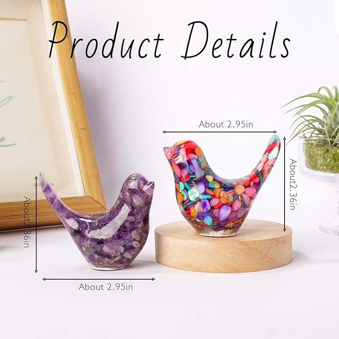 Crystal Bird Figurines, Resin Animal Statues, Miniature Decorative Gravel Birds, Home Decor (2PCS-Purple+Colorful)
