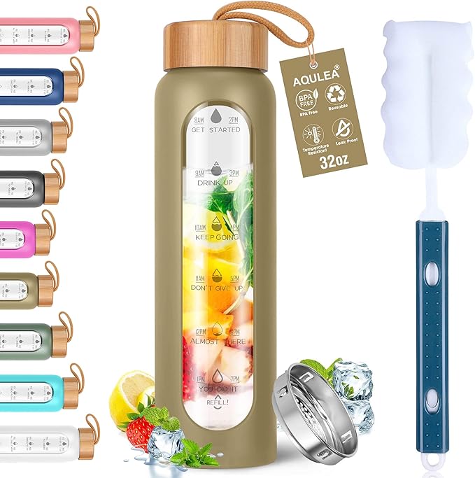 Aqulea Glass Water Bottles with Silicone Sleeve - BPA Free Reusable Wide Mouth Glass Motivational Water Bottles with Fruit Infuser – Leak Proof Borosilicate Water Bottle with Time Marker