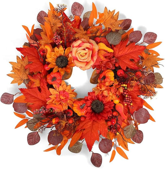 24" Fall Wreath for Front Door Outside - Sunflower, Pumpkin, Berry & Maple Leaves | Weatherproof Autumn Outdoor Wreaths with Hanger Hook for Thanksgiving, Harvest
