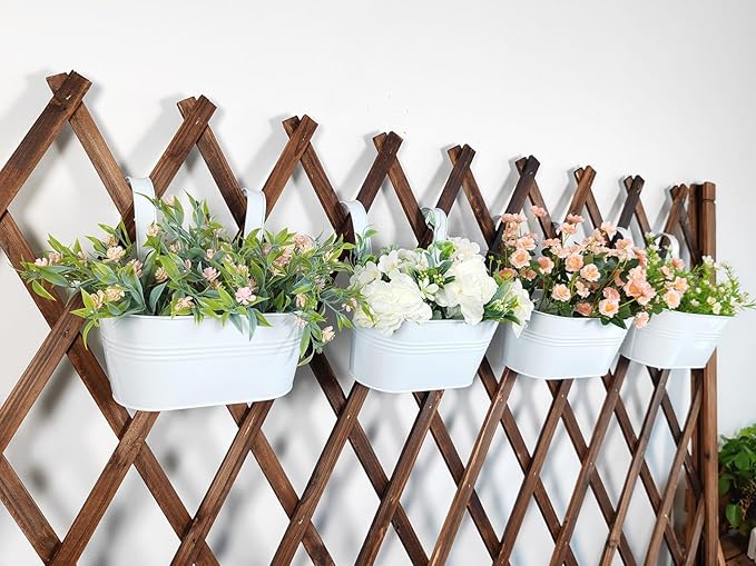 10" Hanging Flower Pots, Pack of 6 White Metal Outdoor Patio Balcony Planter, Railing Planters Fence Pot with Detachable Hook & Drainage Hole for Small Plants (White, 6Pcs)