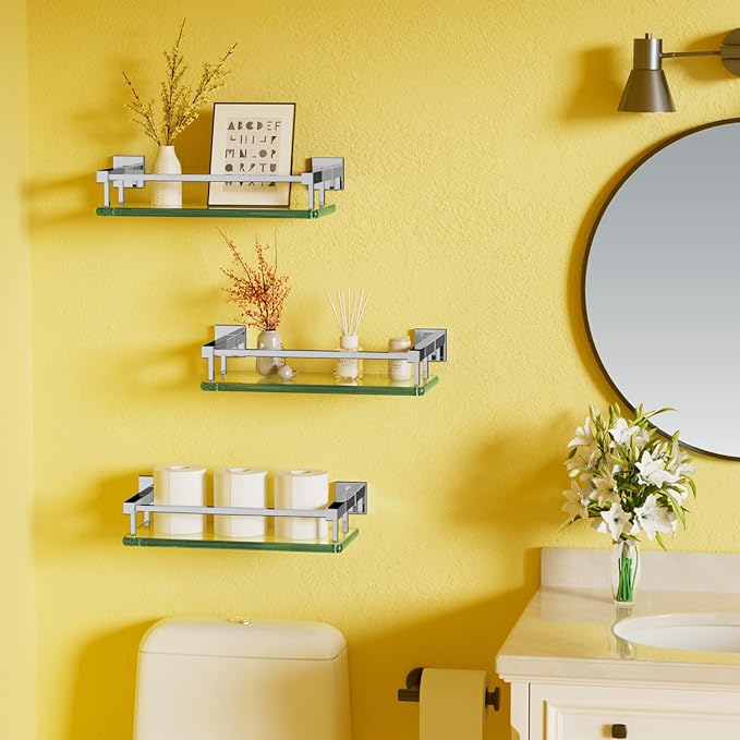 Alise Bathroom Glass Shelf with Stainless Steel Railing, Polished Chrome Small Tempered Glass Floating Wall Shelf Over The Toilet, 16 inch