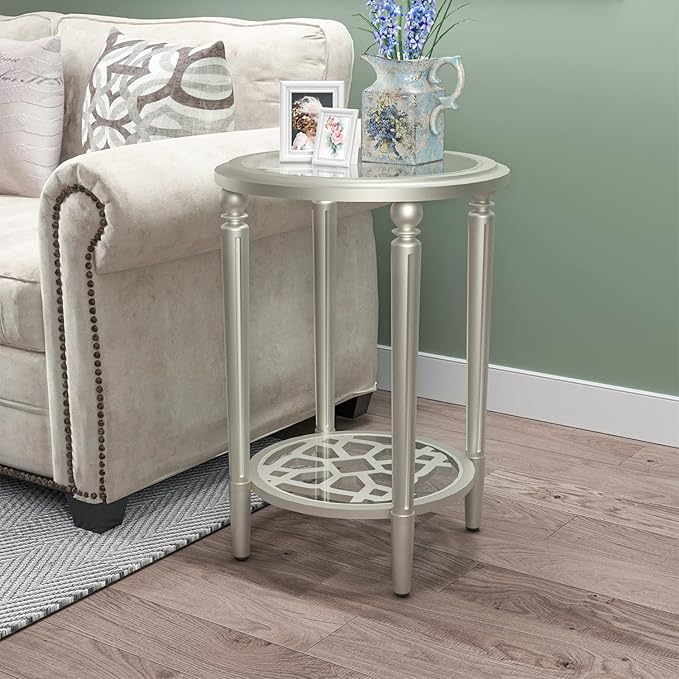 COSIEST Set of 2 Modern Round End Table, 2-Tier Glass Side Table with Glass Tabletop, Wood Accent Table with Storage Shelf for Living Room, Bedroom