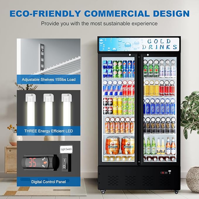 30 Cu.ft. Commercial Beverage Refrigerators Glass Door Refrigerator Upright Display Cooler with Soft LED Light and Adjustable Shelves for Restaurant Grocery Stores Home