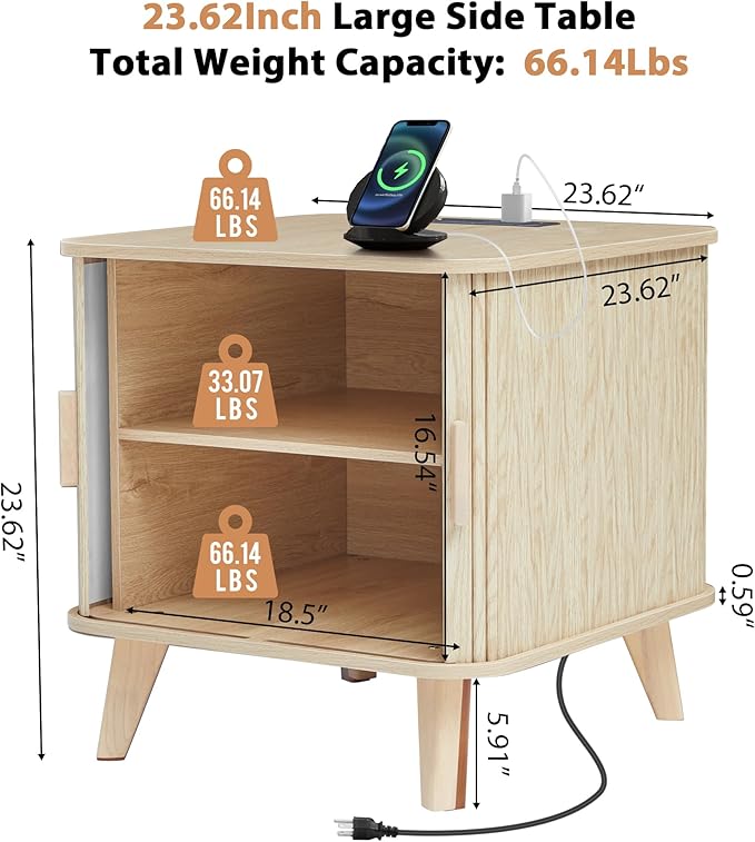 Farmhouse Square End Table with Charging Station, 24" Large Fluted Sofa Side Table with Sliding Tambour Door and Storage, Rustic Curved Wood Nightstand for Living Room, Bedroom, Natural