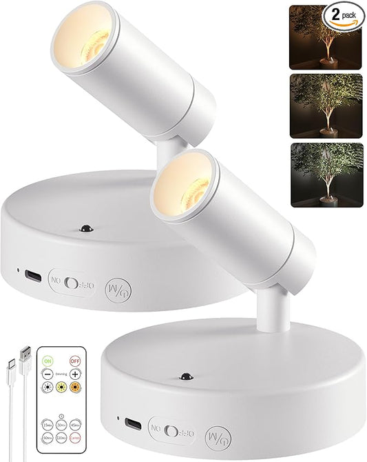 EZVALO Spot Lights Indoor,5500mAh Rechargeable Picture Lights with Remote,Wireless Mini Art Accent Spot Lights with Timer＆Dimmable, 3CCT, Uplights Indoor for Plants,Display,Artwork(2Pack-White)
