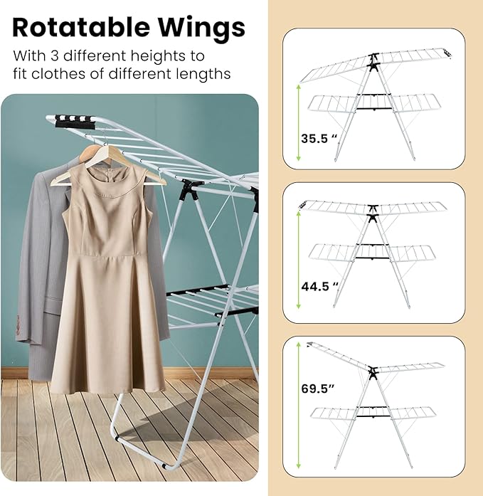 COSTWAY Clothes Drying Rack, Foldable 2-Level Laundry Drying Rack w/Height-Adjustable Wings, 33 Drying Rails & Sock Clips, Standing Large Drying Rack for Clothing, Indoor Outdoor Use