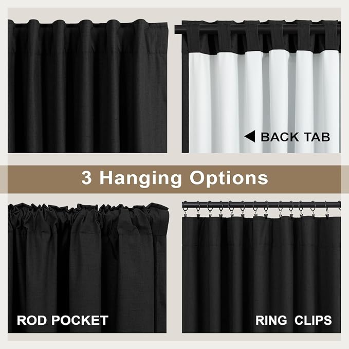 Black Linen Blackout Curtains for Living Room 96 Inches Long 2 Panels Set Back Tab Pleated Textured Thick Drapes Thermal Curtain for Summer Heat Floor Length Bedroom Black Out Curtain Modern Farmhouse