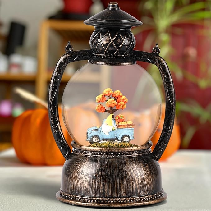 Fall Snow Globes, Blue Truck Pumpkin and Gnome Scene Snow Globes, Glittering Lantern with Timer, Snow Globe Lantern USB or Battery Powered for Fall Festival Thanksgiving Day Decor
