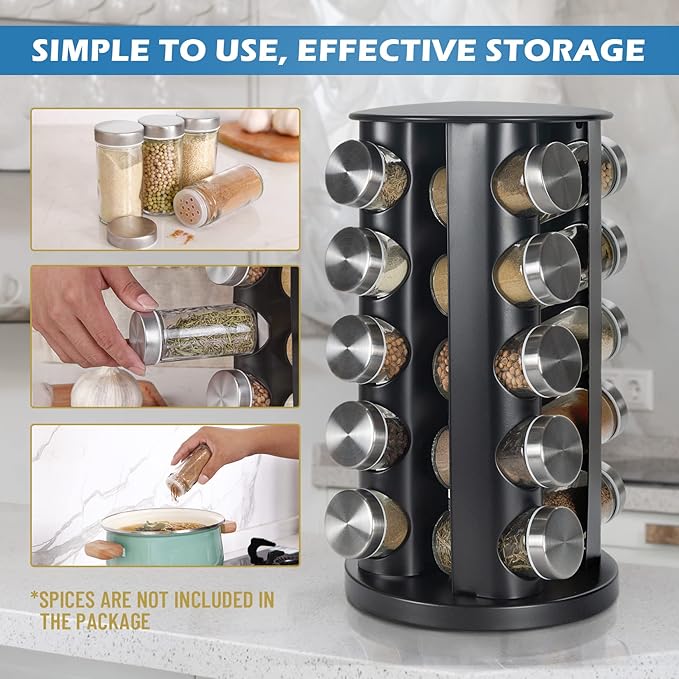 Black Countertop Revolving Spice Rack, Empty 20-Jars Rotating Spice Rack Organizer, Round Carousel Tower, 135 Spice Labels with Funnel Complete Set, for Kitchen Countertop, Cabinet