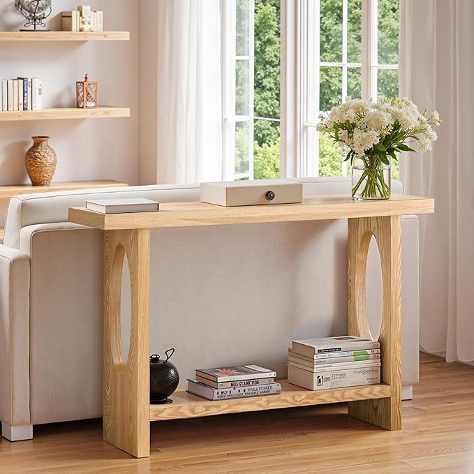 BECHAEO 47-Inch Farmhouse Narrow Console Table, 2'' Thickened Entryway Table with Solid Wood Veneer, 2-Tier Sofa Tables Behind Couch, Rectangle Hallway Tables for Living Room, Foyer Rustic Oak