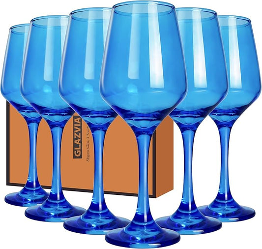 Blue Wine Glasses Set of 6-12oz Blue Long Stem Wine Glass Cups, Pretty Crystal Glassware, Hand Blown Goblets Drinkware, Unique Drinking Stemware Holiday Gift Set